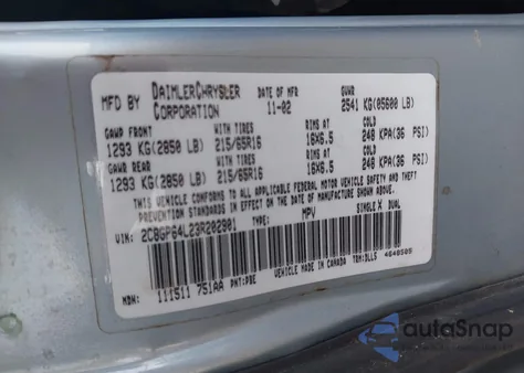 2003 Chrysler Town & Country Limited from USA, damaged, VIN 2C8GP64L23R202901